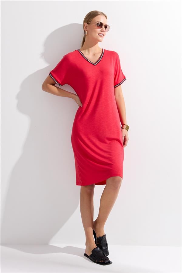 Womens V-Neck Dress Navy Coral