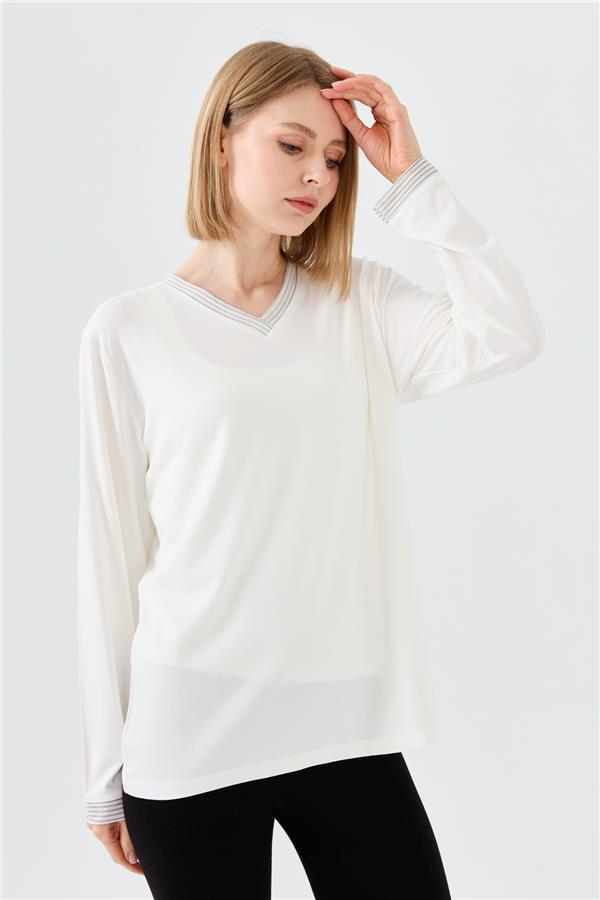 Женская хлопковая блуза с V образным вырезом и тесьмой цепь цвета слоновой кости