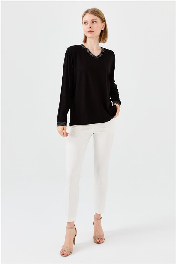 Женская хлопковая блуза с V образным вырезом и тесьмой цепь черная