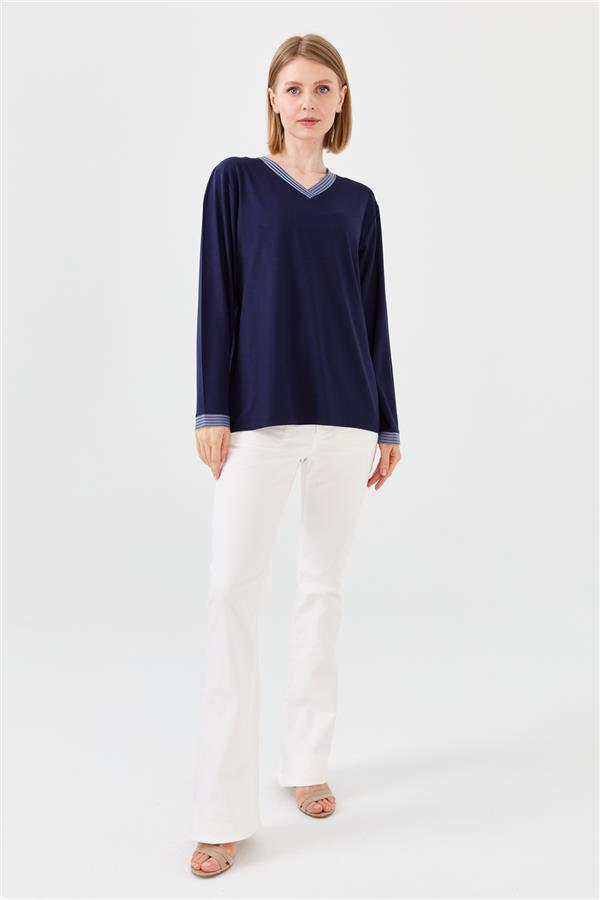 Женская хлопковая блуза с V образным вырезом и тесьмой цепь темно синяя