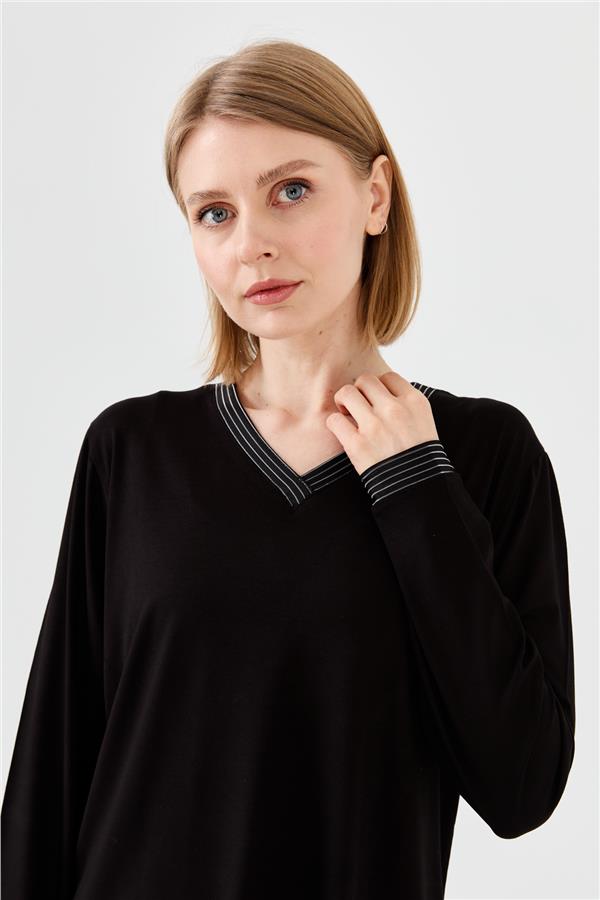 Женская хлопковая блуза с V образным вырезом и тесьмой цепь черная