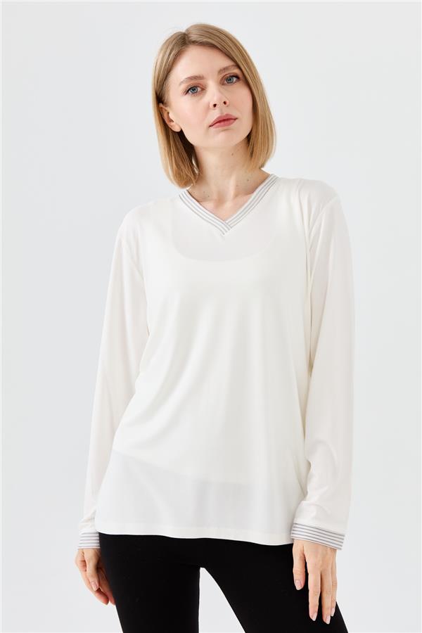 Женская хлопковая блуза с V образным вырезом и тесьмой цепь цвета слоновой кости