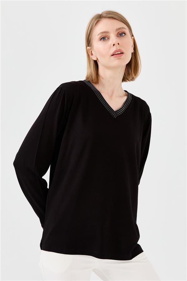 Женская хлопковая блуза с V образным вырезом и тесьмой цепь черная