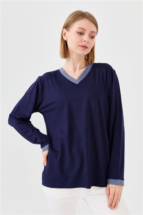 Женская хлопковая блуза с V образным вырезом и тесьмой цепь темно синяя