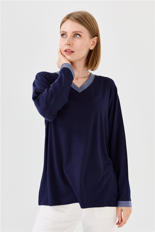 Женская хлопковая блуза с V образным вырезом и тесьмой цепь темно синяя