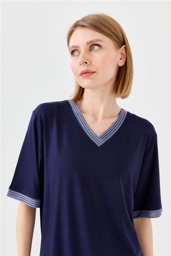 Женская хлопковая футболка с V образным вырезом и тесьмой цепь темно синяя