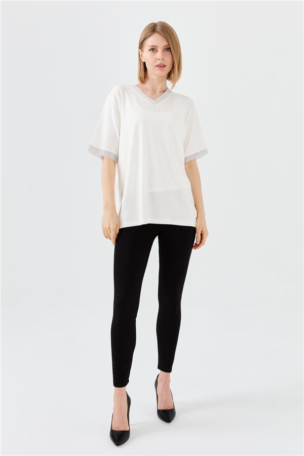 Женская хлопковая футболка с V образным вырезом и тесьмой цепь цвета слоновой кости