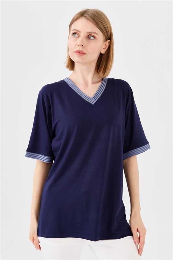 Женская хлопковая футболка с V образным вырезом и тесьмой цепь темно синяя