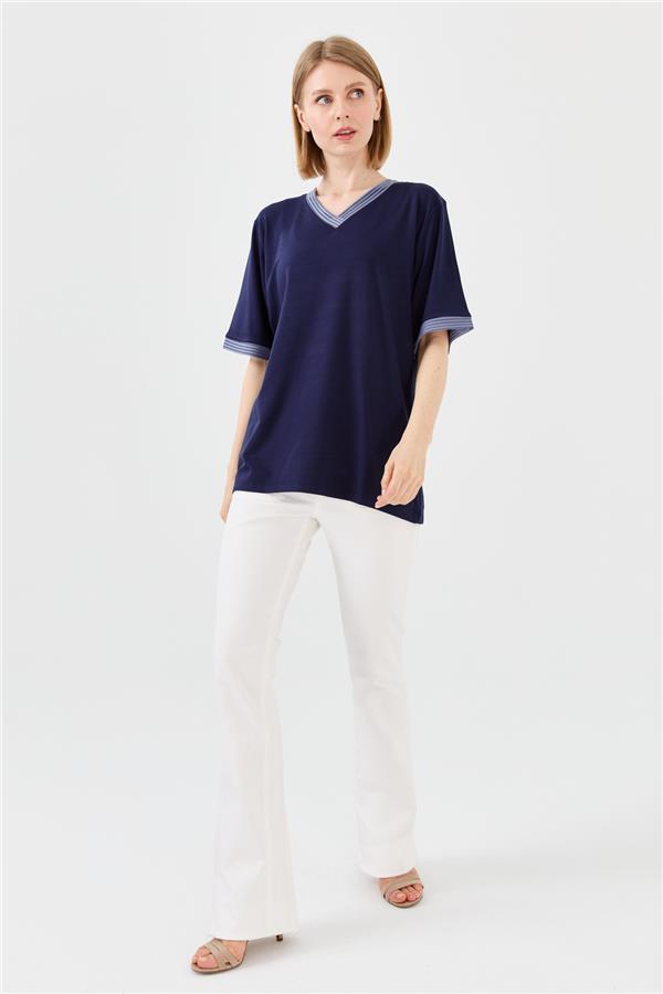 Женская хлопковая футболка с V образным вырезом и тесьмой цепь темно синяя