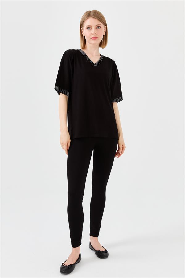 Женская хлопковая футболка с V образным вырезом и тесьмой цепь черная