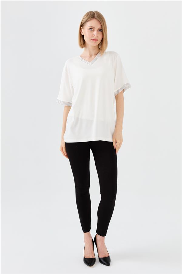 Женская хлопковая футболка с V образным вырезом и тесьмой цепь цвета слоновой кости