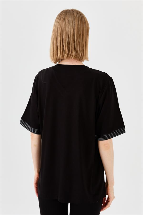 Женская хлопковая футболка с V образным вырезом и тесьмой цепь черная