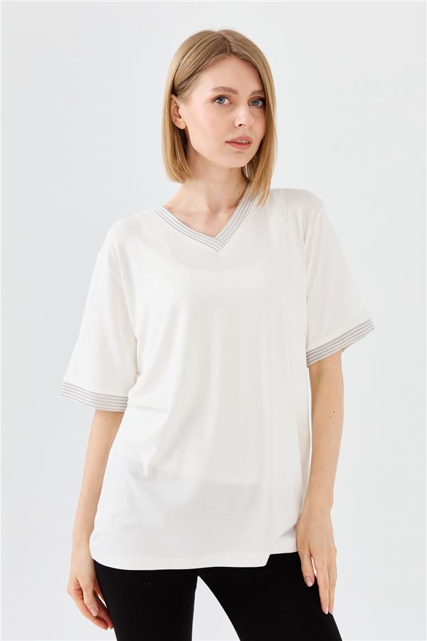 Женская хлопковая футболка с V образным вырезом и тесьмой цепь цвета слоновой кости