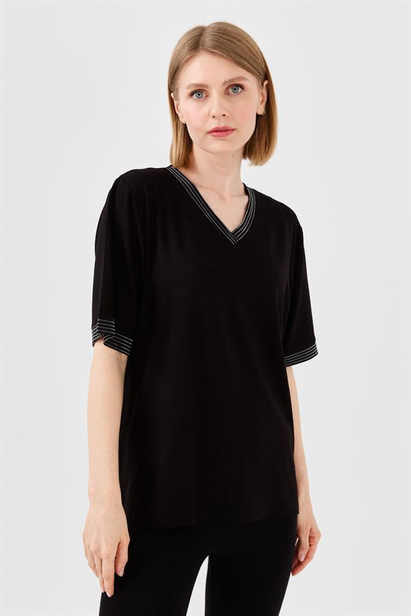 Женская хлопковая футболка с V образным вырезом и тесьмой цепь черная