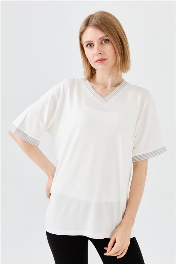 Женская хлопковая футболка с V образным вырезом и тесьмой цепь цвета слоновой кости
