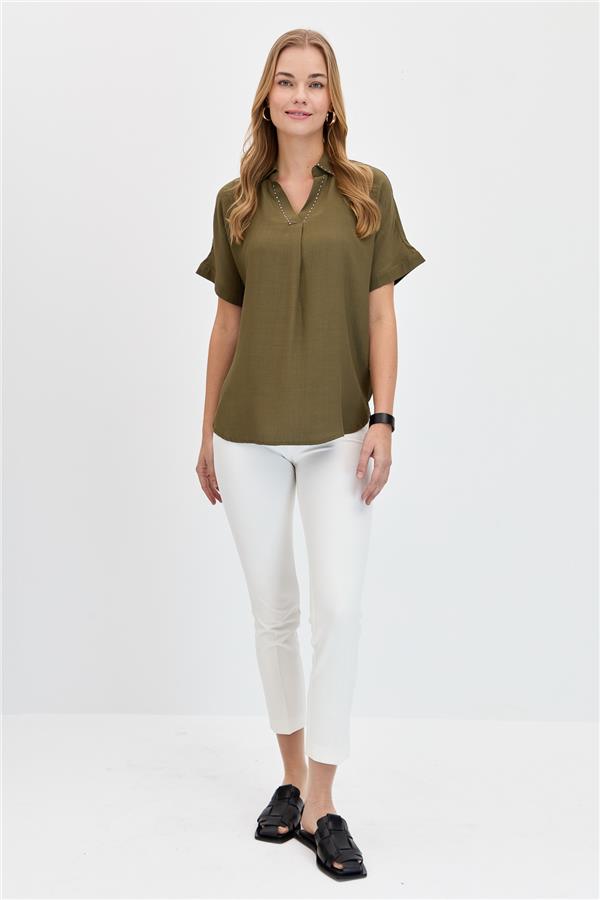 Womens Shirt with Stones on the Collar Khaki