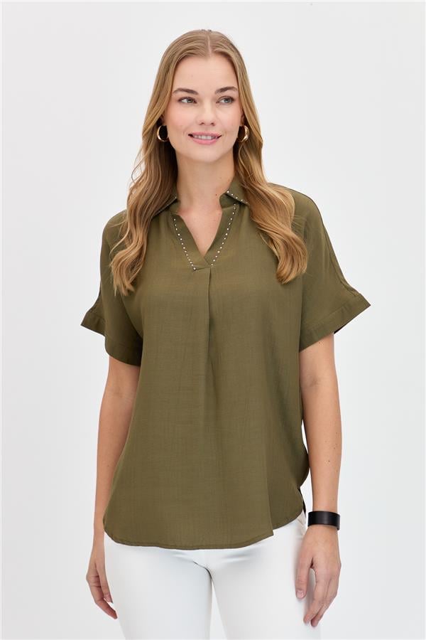 Womens Shirt with Stones on the Collar Khaki
