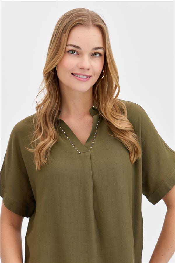 Womens Shirt with Stones on the Collar Khaki