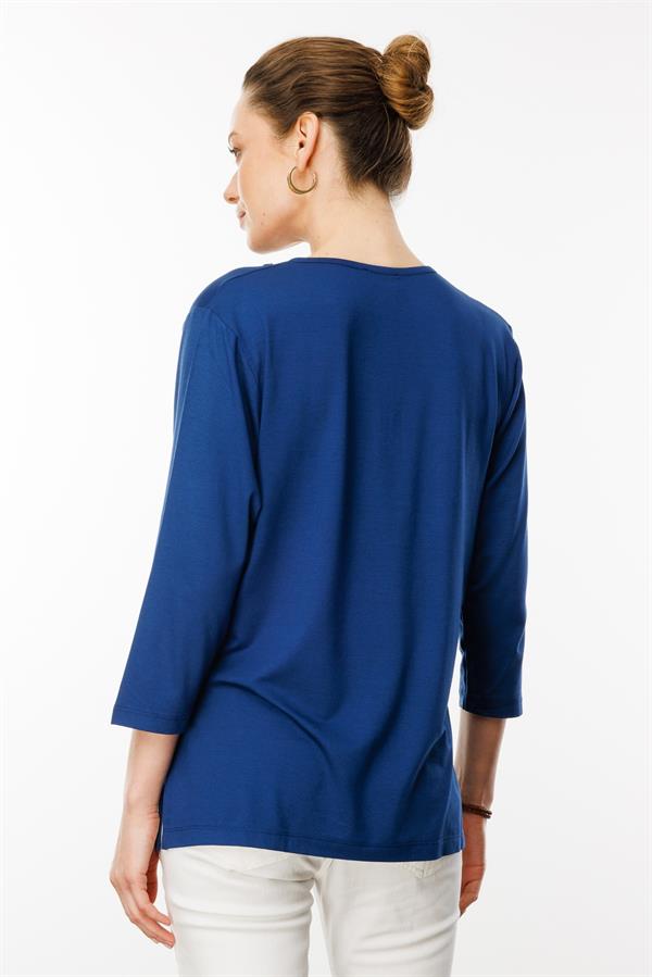 Kadın Yakası Dantel İşlemeli Penye Bluz İndigo