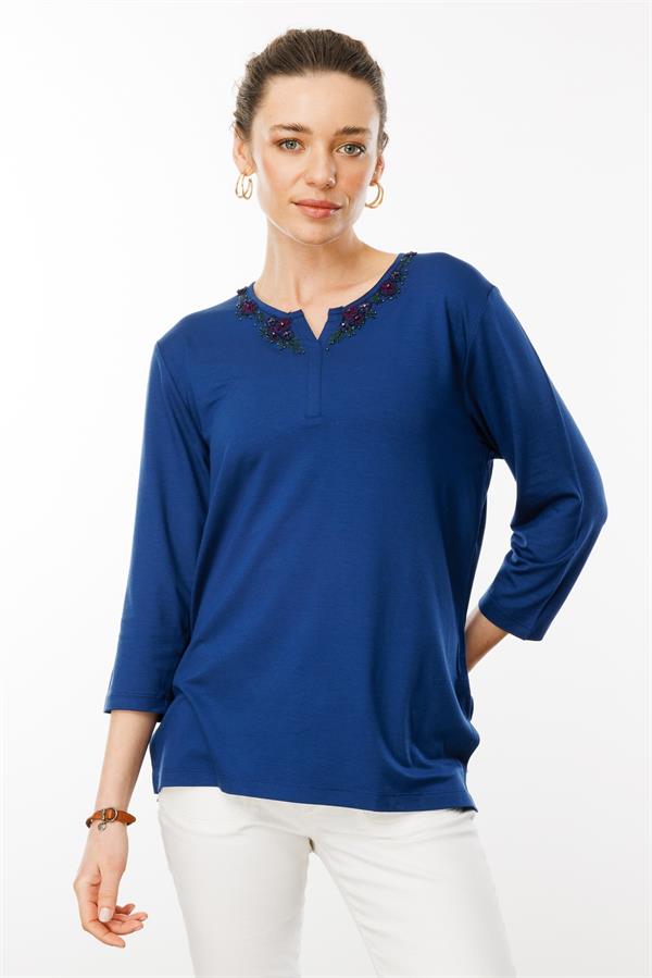 Kadın Yakası Dantel İşlemeli Penye Bluz İndigo