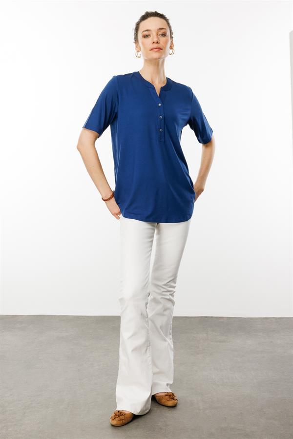 Kadın Yakası Düğmeli Penye Gömlek İndigo