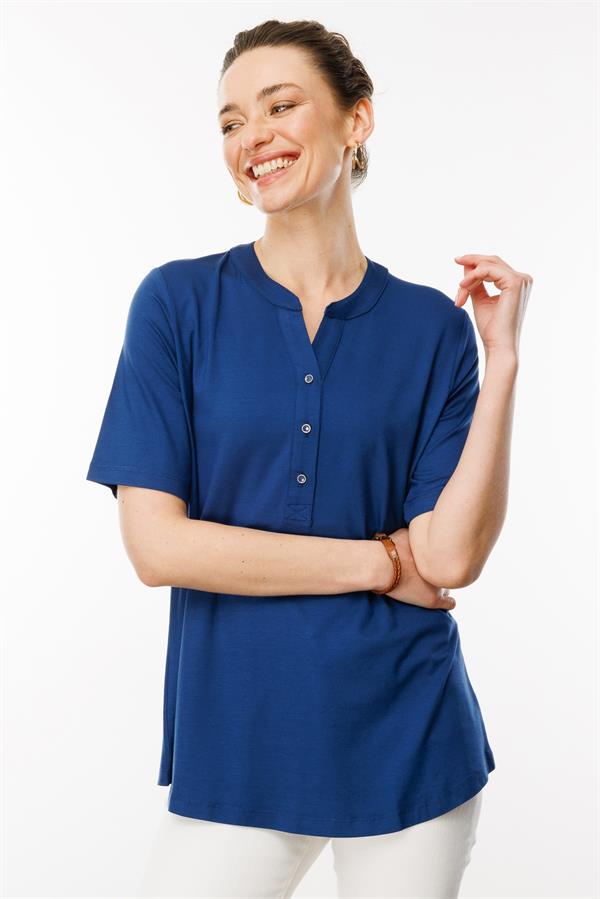 Kadın Yakası Düğmeli Penye Gömlek İndigo