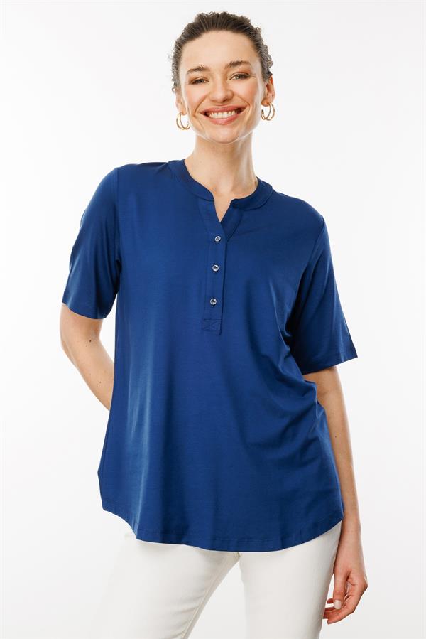 Kadın Yakası Düğmeli Penye Gömlek İndigo