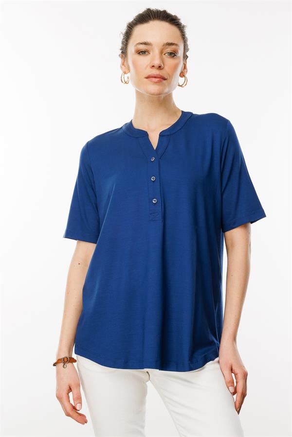 Kadın Yakası Düğmeli Penye Gömlek İndigo