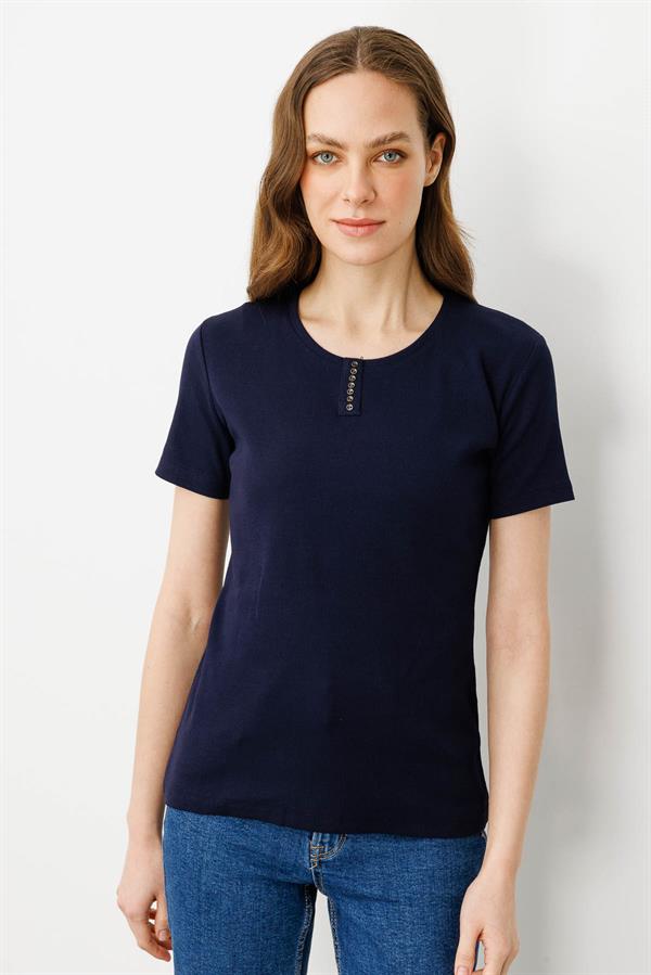 Kadın Yakası Düğmeli Penye T-shirt Lacivert