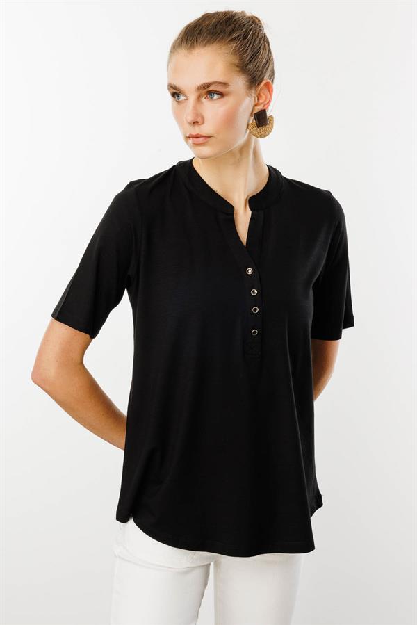 Kadın Yakası Düğmeli Penye Gömlek Siyah