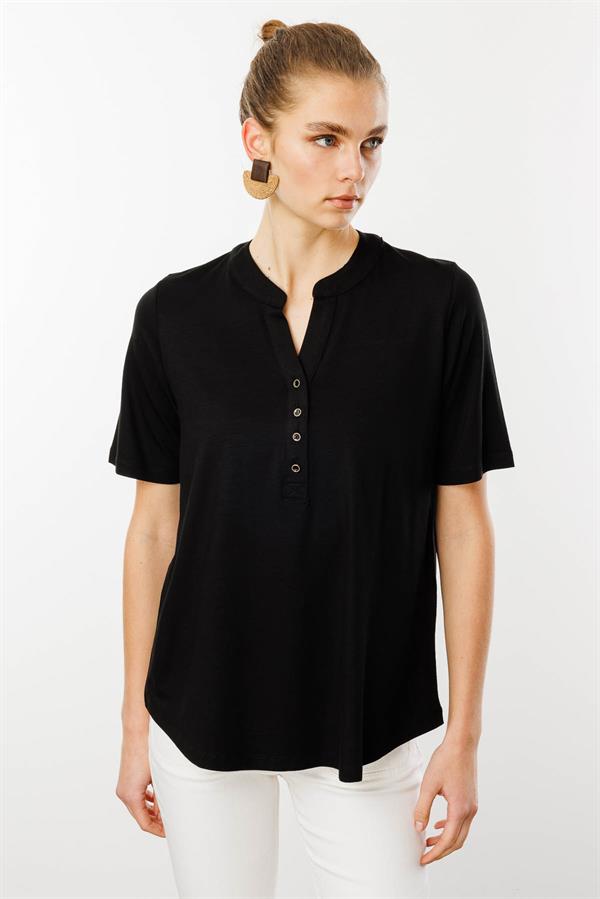 Kadın Yakası Düğmeli Penye Gömlek Siyah