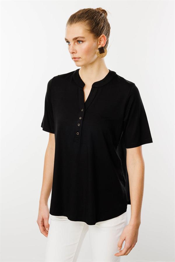 Kadın Yakası Düğmeli Penye Gömlek Siyah