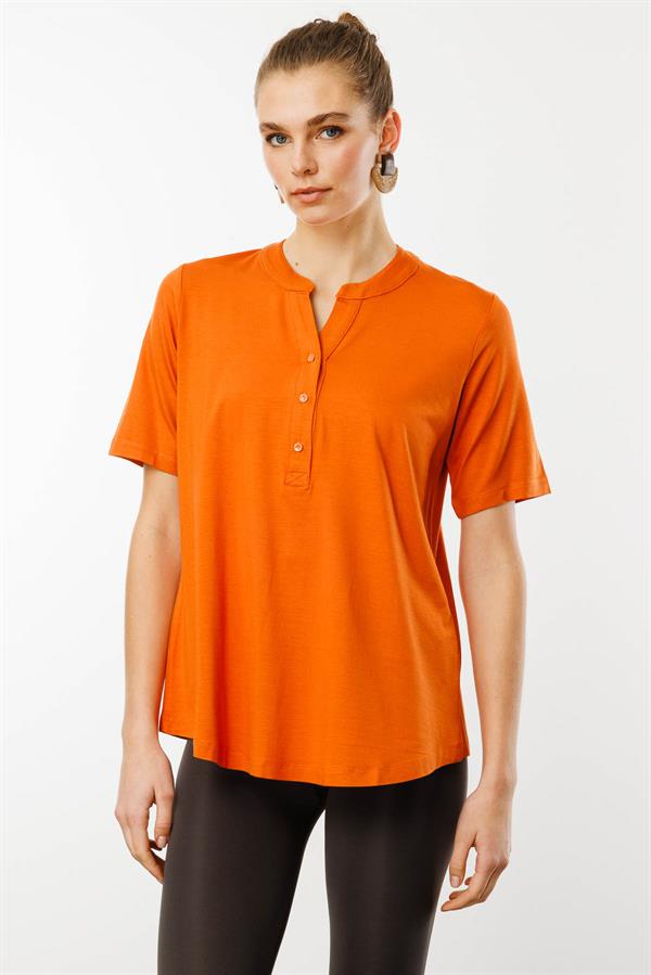 Kadın Yakası Düğmeli Penye Gömlek Turuncu