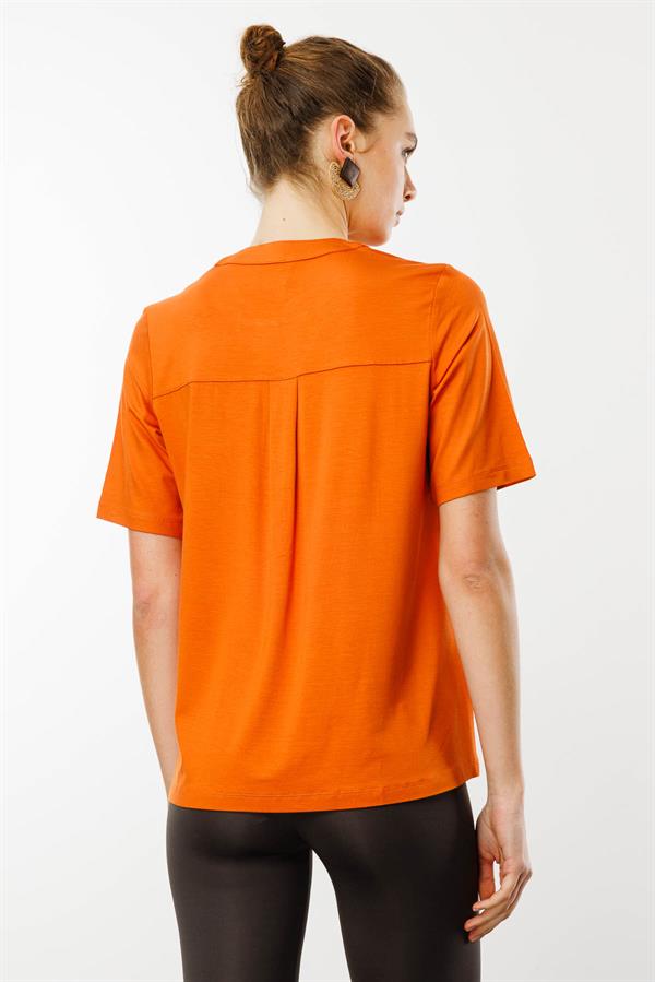 Kadın Yakası Düğmeli Penye Gömlek Turuncu