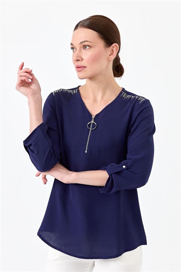 Женская хлопковая блуза с молнией на воротнике темно синяя 