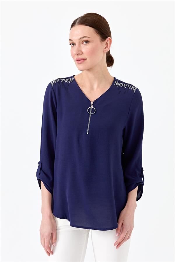 Женская хлопковая блуза с молнией на воротнике темно синяя 