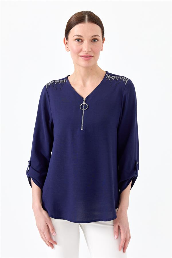 Женская хлопковая блуза с молнией на воротнике темно синяя 