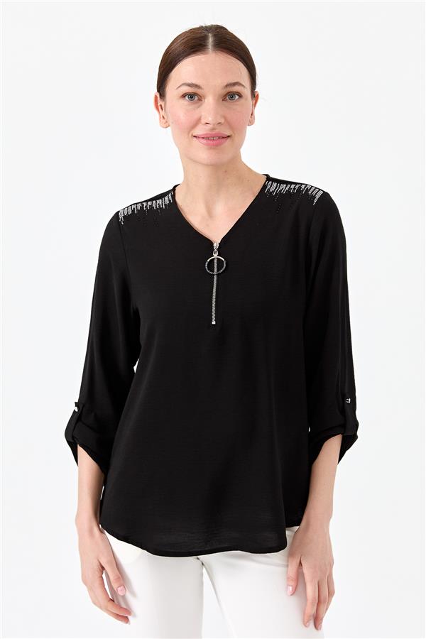 Женская хлопковая блуза с молнией на воротнике черная 