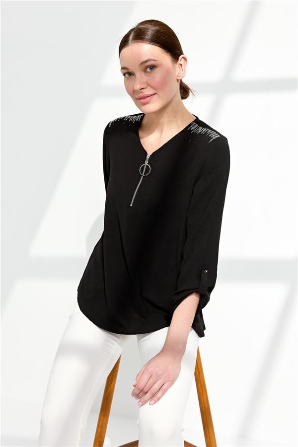 Женская хлопковая блуза с молнией на воротнике черная 