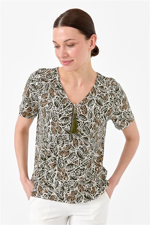 Женская хлопковая футболка с молнией на воротнике хаки