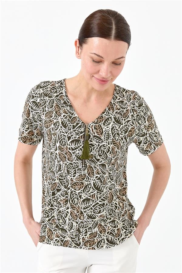 Женская хлопковая футболка с молнией на воротнике хаки