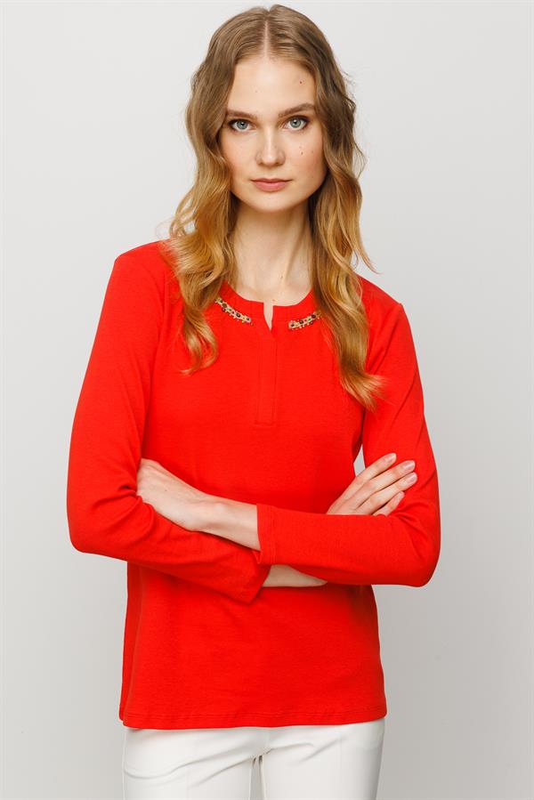 Женская хлопковая блуза с вышивкой на воротнике оранжевая
