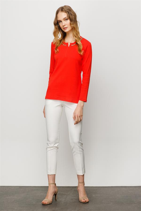 Женская хлопковая блуза с вышивкой на воротнике оранжевая