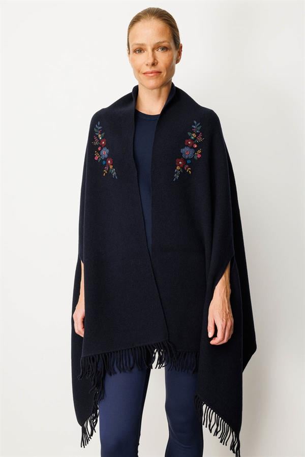 Kadın Yakası İşlemeli Koldan Geçmeli Büyük Yün Şal K.Lacivert
