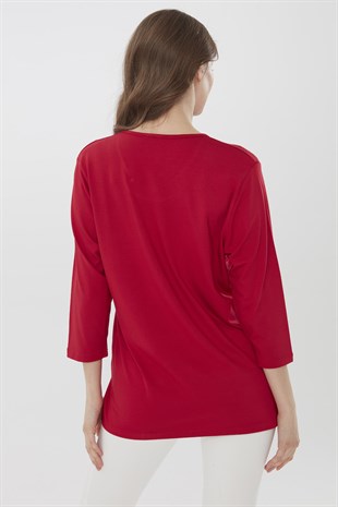 Womens  Three Quarter  Sleeve  Cotton Blouse with Embroidered Collar Red