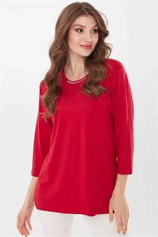 Womens  Three Quarter  Sleeve  Cotton Blouse with Embroidered Collar Red