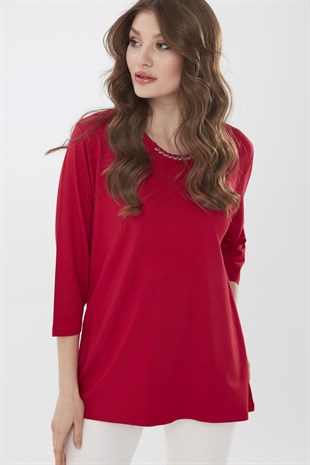 Womens  Three Quarter  Sleeve  Cotton Blouse with Embroidered Collar Red
