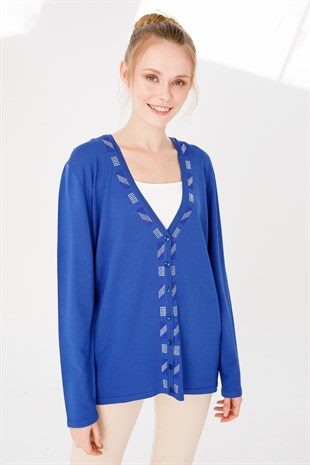 Женский кардиган из тонкой ткани с цветным принтом на горловине, ярко синий 