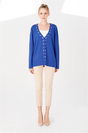 Женский кардиган из тонкой ткани с цветным принтом на горловине, ярко синий 