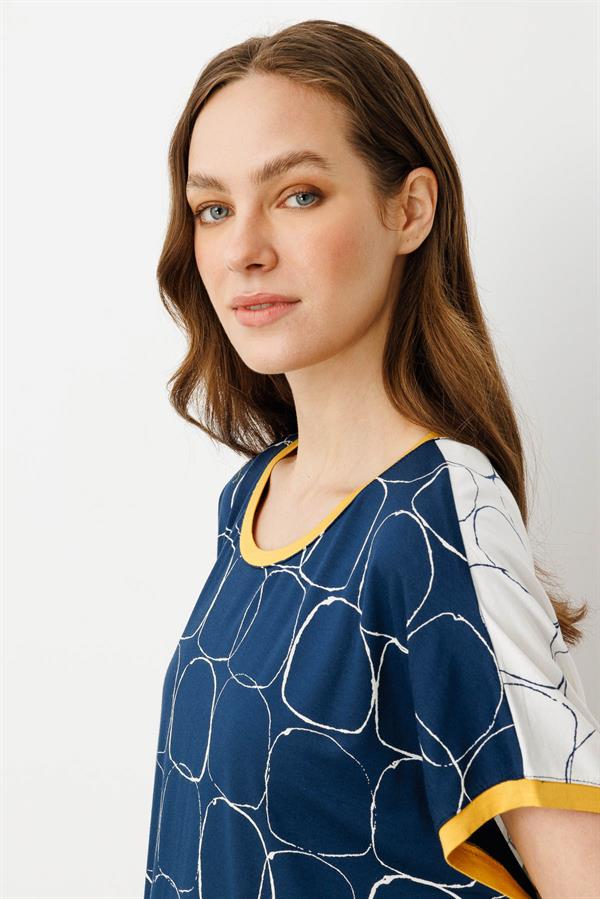 Kadın Yakası ve Kolu Sarı Bantlı Penye T-shirt Ekru/Laci